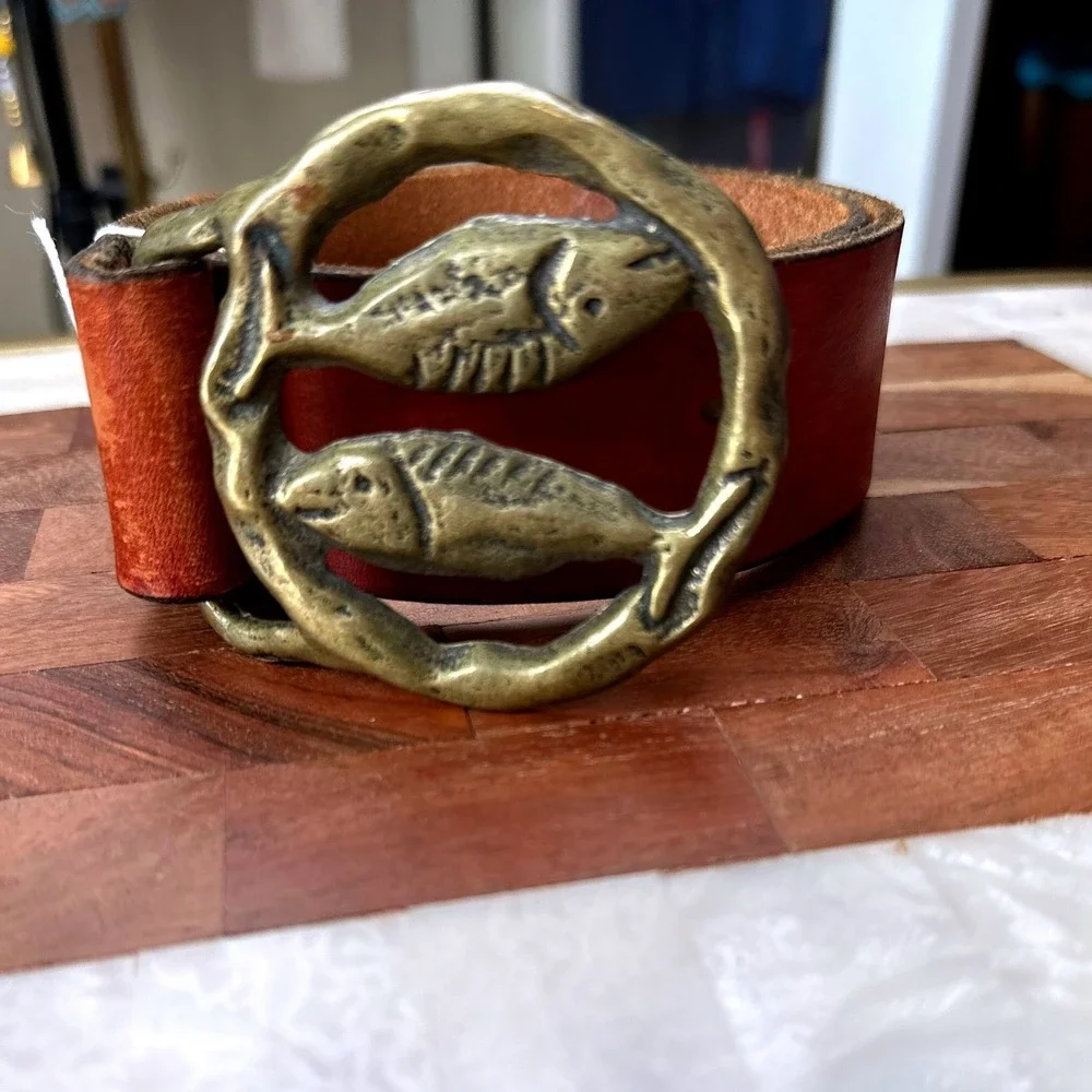 Unbranded Vintage Pisces Zodiac Belt Brown Leather Brass‎ Buckle Vintage Boho